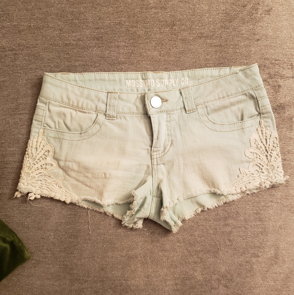 Pale Green Washed Cut-Off Crochet Jean Shorts